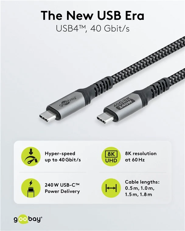 USB-C™-Kabel, USB4™, 1,5 m, schwarz;grau