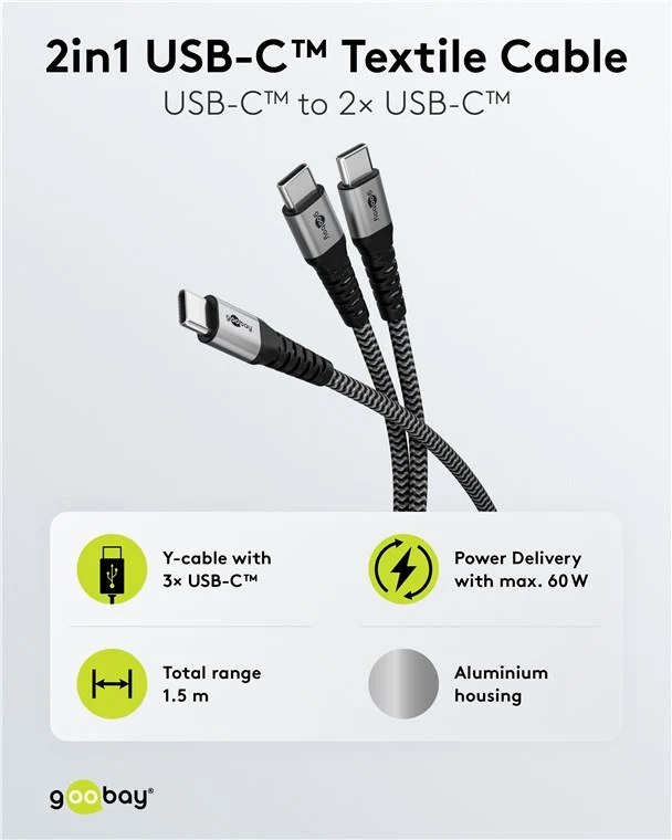 USB-C™-Textilkabel, 60 W, Power Delivery, 1,5 m, schwarz;grau