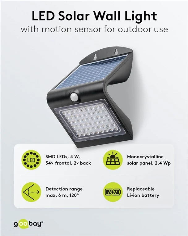LED-Solar-Wandleuchte mit Bewegungsmelder, 4 W, schwarz