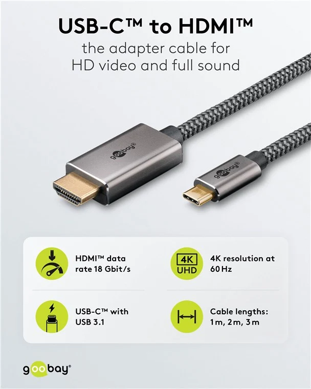 USB-C™-auf-HDMI™-Textilkabel 4K @ 60 Hz, 2 m, schwarz;silber
