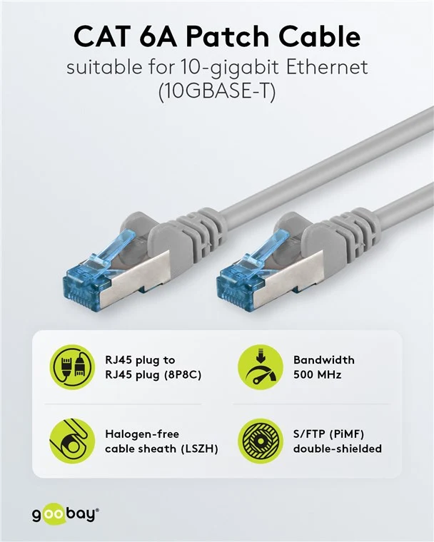 CAT 6A Patchkabel, S/FTP (PiMF), 5 m, grau, 5er-Set