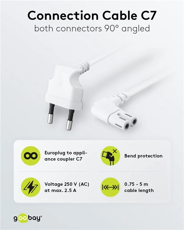 Anschlusskabel Eurostecker beidseitig abgewinkelt, 2 m, Weiß, (2*0,75 mm²)