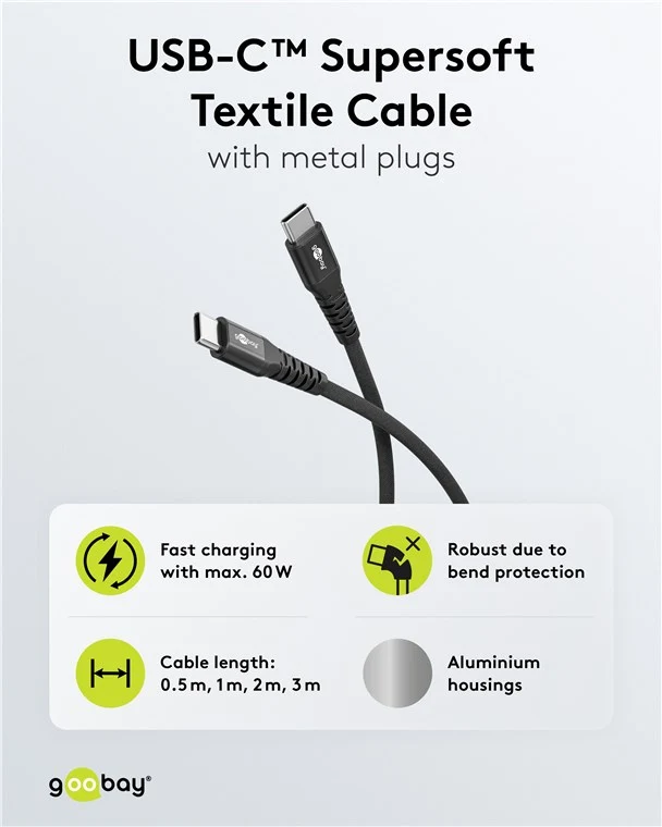 USB-C™ Supersoftes Textilkabel mit Metallsteckern, 1 m, schwarz