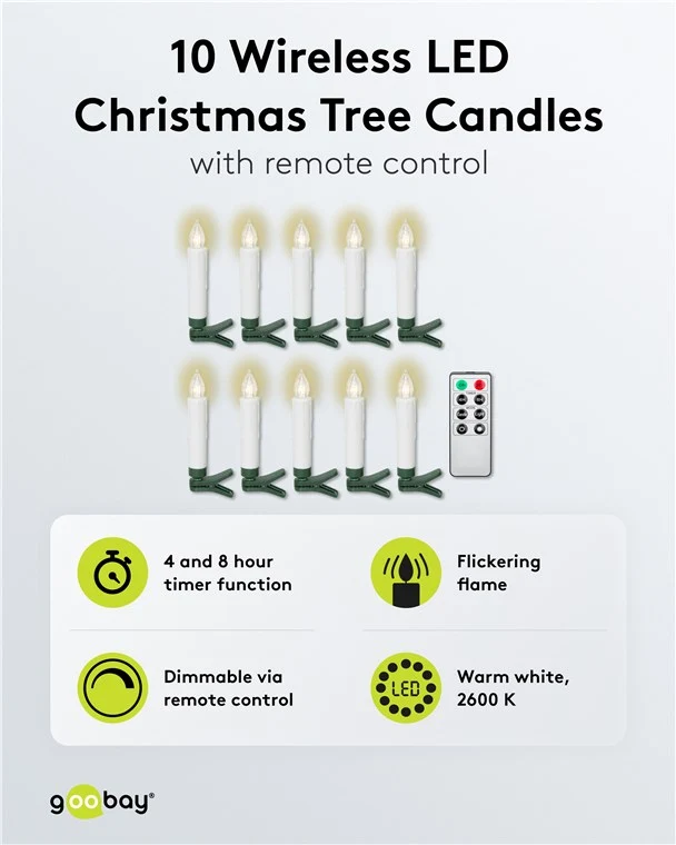 10 kabellose LED-Weihnachtsbaumkerzen inkl. 10x AAA (LR03)