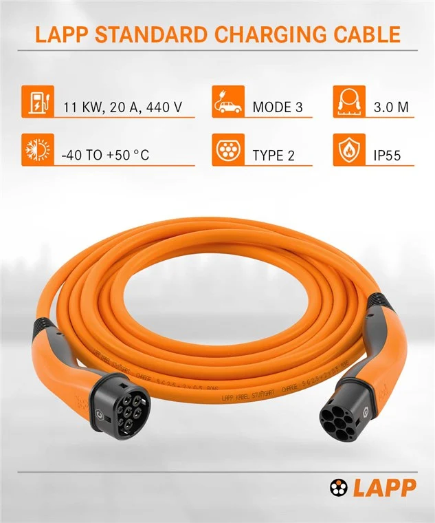 Ladekabel Typ 2, bis zu 11 kW, 3 m, orange