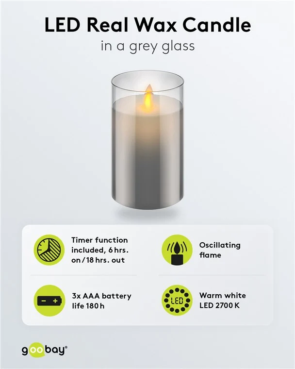 LED-Echtwachskerze im Glas, 7,5 x 12,5 cm, grau-transparent