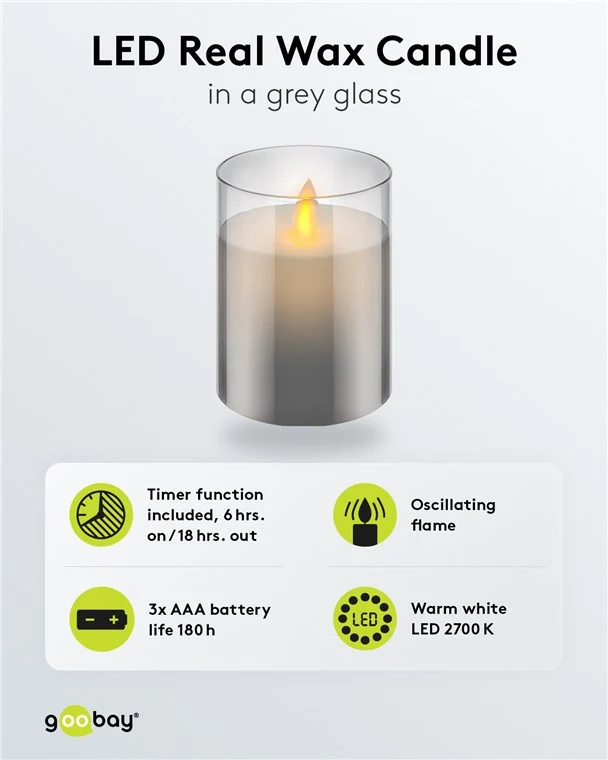LED-Echtwachskerze im Glas, 7,5 x 10 cm, grau-transparent