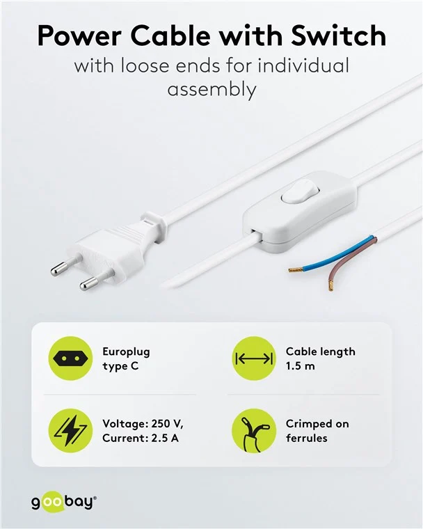 Kabel mit Eurostecker zum Konfektionieren - mit Schalter, 1,5 m, Weiß, (2*0,75 mm²)