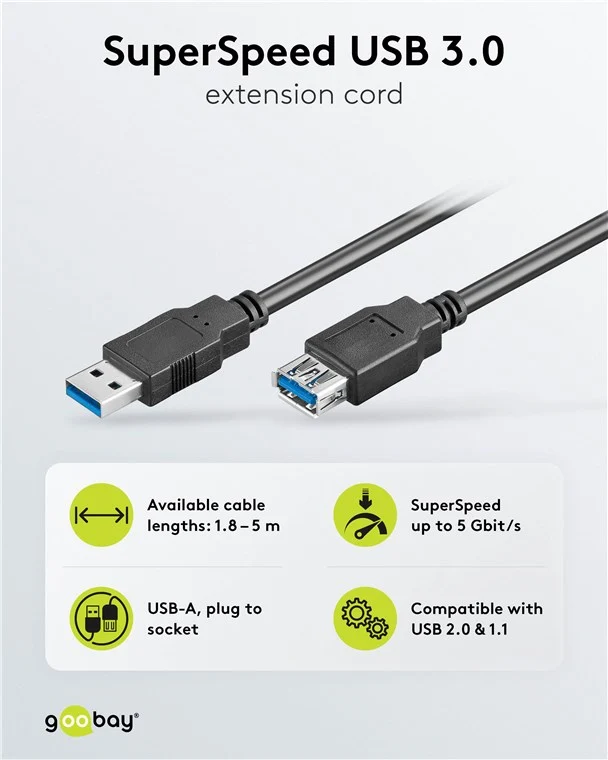 USB-Verlängerungskabel, USB 3.0, 1,8 m, schwarz