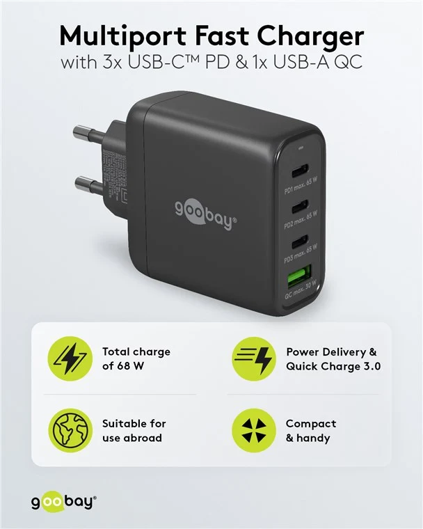USB-C™ PD GaN Multiport-Schnellladegerät (68 W) schwarz
