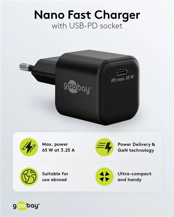 USB-C™ PD GaN Schnellladegerät Nano (65 W) schwarz