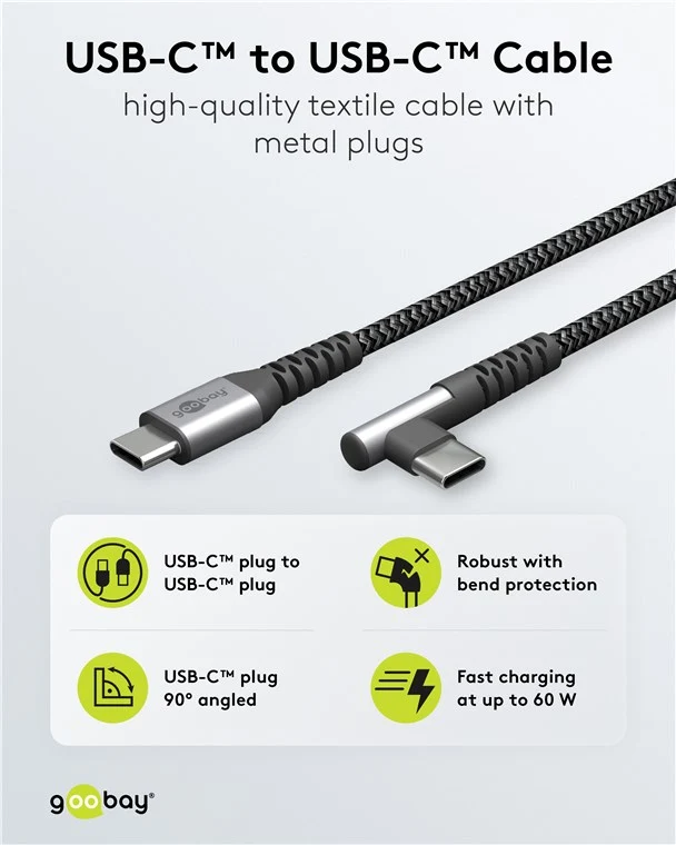 USB-C™-auf-USB-C™-Textilkabel mit Metallsteckern (spacegrau/silber), 90°, 2 m