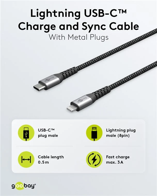 Lightning USB-C™ Textilkabel mit Metallsteckern, 0,5 m