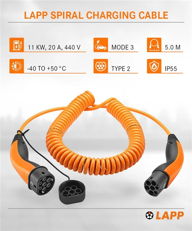 Spiral-Ladekabel Typ 2, bis zu 11 kW, 5 m, orange