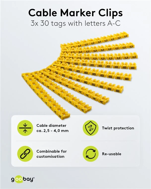 Kabelmarker-Clips "Buchstaben A-C", für Kabeldurchmesser von 3,8 - 5,9 mm