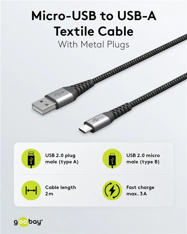 Micro-USB-auf-USB-A-Textilkabel mit Metallsteckern (spacegrau/silber), 2 m