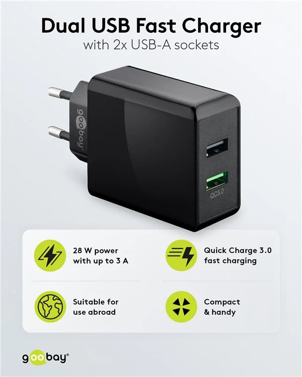 USB-A QC Dual-Schnellladegerät (28 W) schwarz