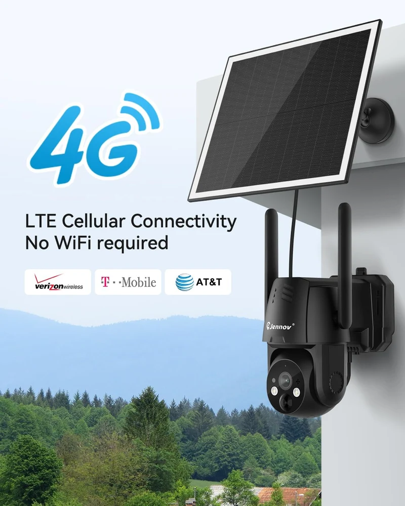 Jennov P47 4G LTE Cellular Solar Security Camera, No WiFi, 2K, Built-in SIM Card