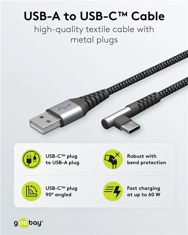 USB-C™-auf-USB-A-Textilkabel mit Metallsteckern (spacegrau/silber), 90°, 1 m