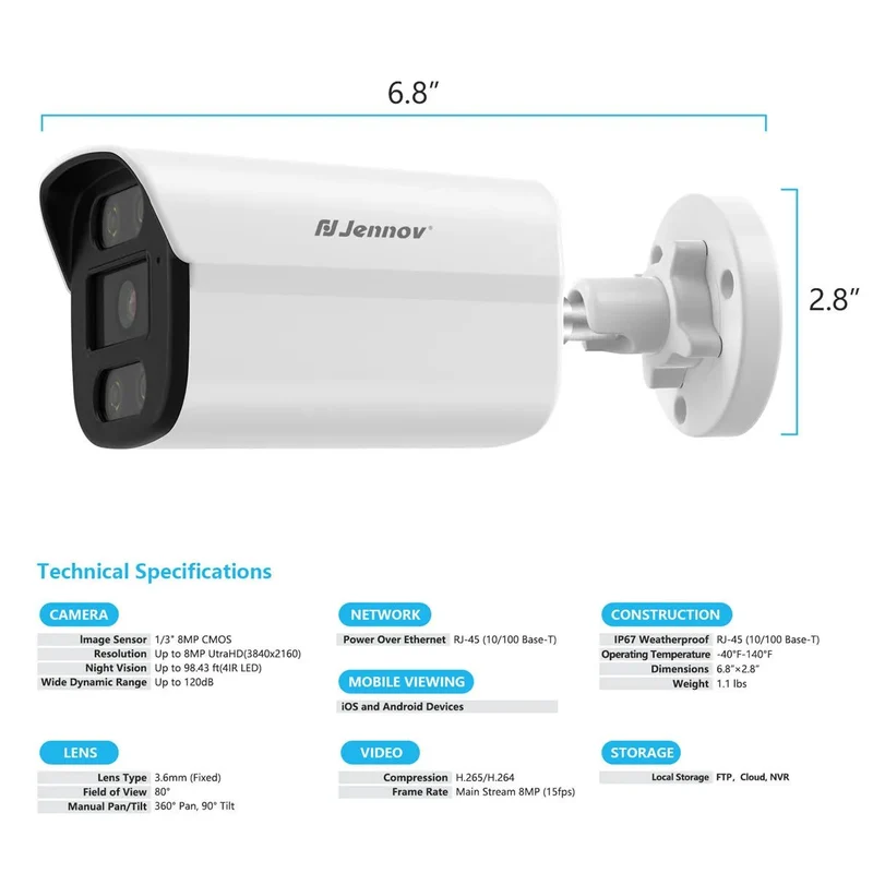 Jennov A95 4K Security Camera 8MP PoE Outdoor Camera with Night Vision