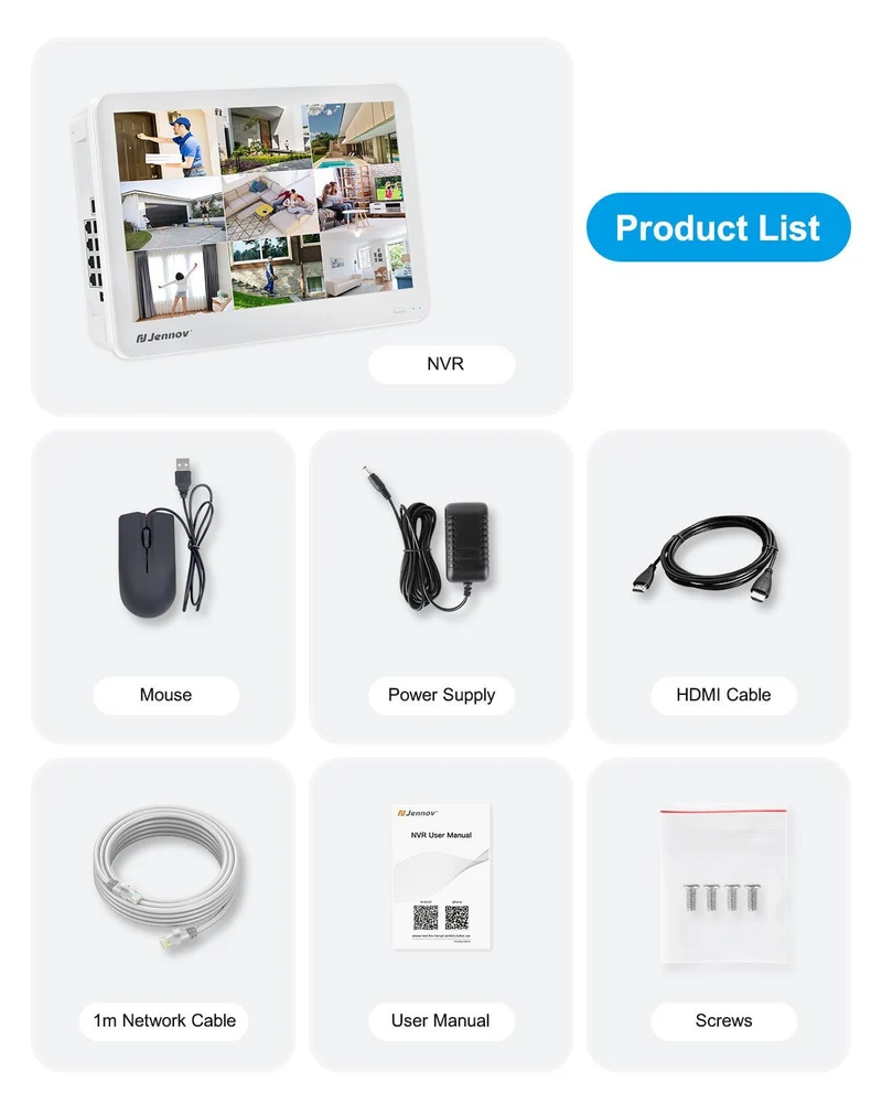 Jennov V19 4K Network Video Recorder with 12 inch Monitor, 8CH POE NVR (8MP/5MP/4MP/3MP/1080P)