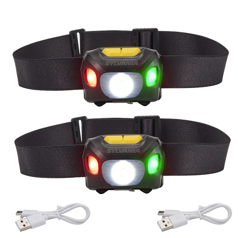 SYLVANIA Stirnlampe LED mit Akku Wiederaufladbar | 6 Lichtmodi inkl. Notfall Blitzlicht | Wassergeschützt IP54, Kopflampe für Joggen,Wandern, Angeln, Campen, 2 Stück