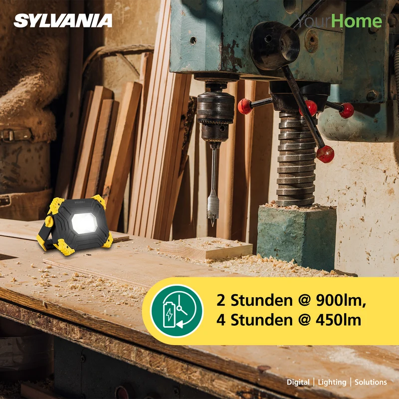 SYLVANIA LED Akku Baustrahler Faltbar | 3 Seiten Akkustrahler mit Powerbank | 2-Stufen Dimmbar 3000 Lumen | IP54 Outdoor Aufladbar für Camping, Baustelle, Garten