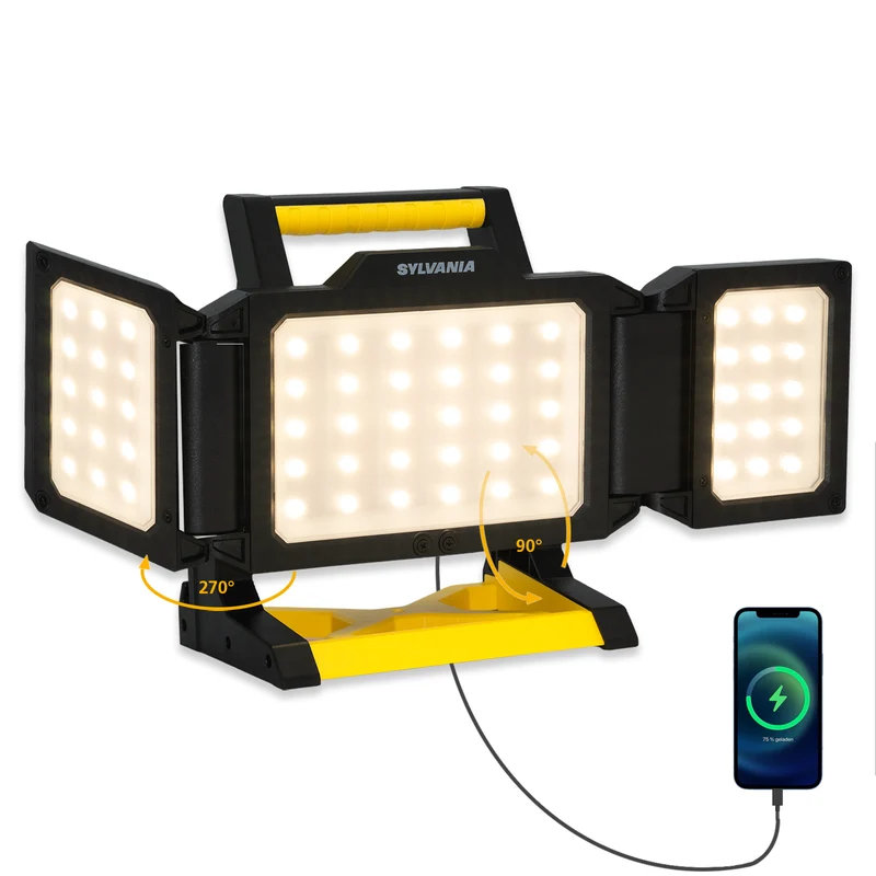 SYLVANIA LED Akku Baustrahler Faltbar | 3 Seiten Akkustrahler mit Powerbank | 2-Stufen Dimmbar 3000 Lumen | IP54 Outdoor Aufladbar für Camping, Baustelle, Garten
