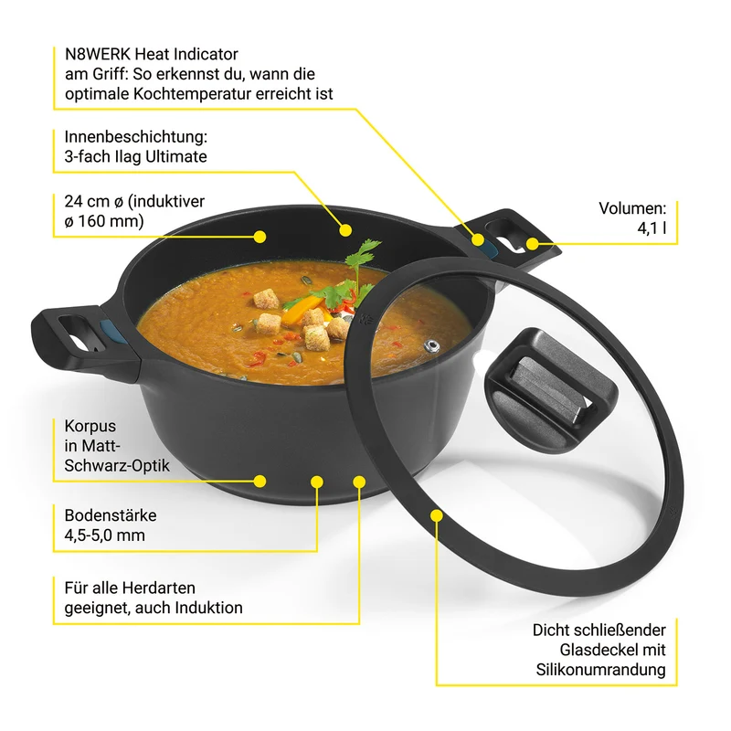 Aluguss-Kochtopf 24 cm - N8WERK Heat Indicator - Midnight Edition