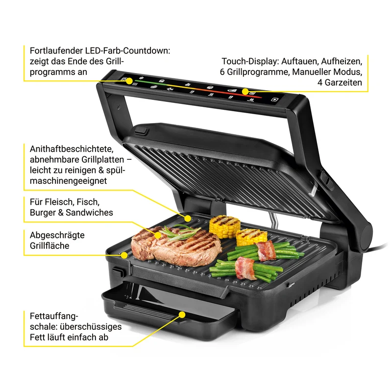 Digital-Kontakt-Grill Midnight Edition - 2000W - Touch-Display mit 6 Grill-Programmen