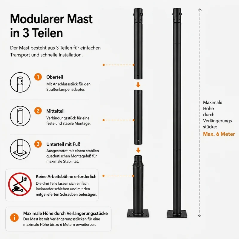 Lichtmast inkl. Straßenlaterne | 300 cm | 50 Watt | 5000 K | Schwarz