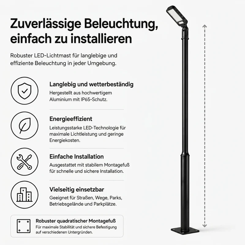 Lichtmast inkl. Straßenlaterne | 300 cm | 50 Watt | 5000 K | Schwarz