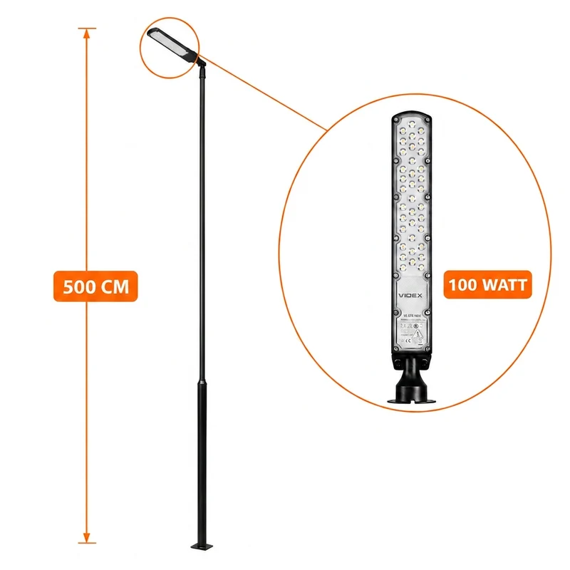Lichtmast inkl. Straßenlaterne | 500 cm | 100 Watt | 5000 K | Schwarz