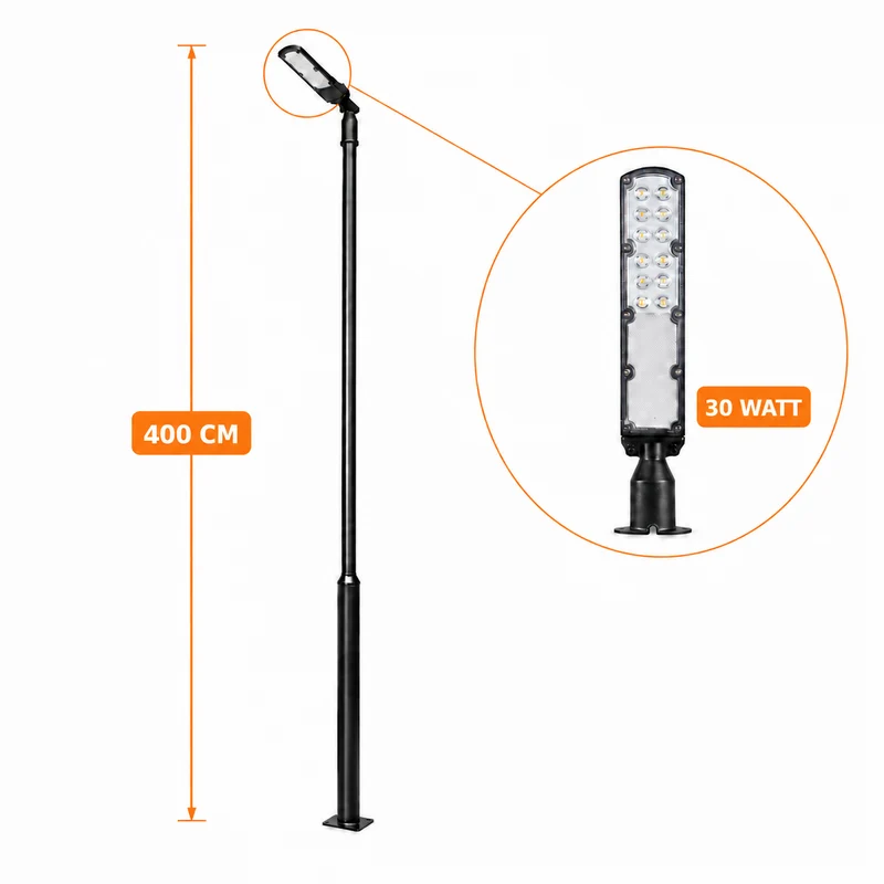 Lichtmast inkl. Straßenlaterne | 400 cm | 30 Watt | 5000 K | Schwarz