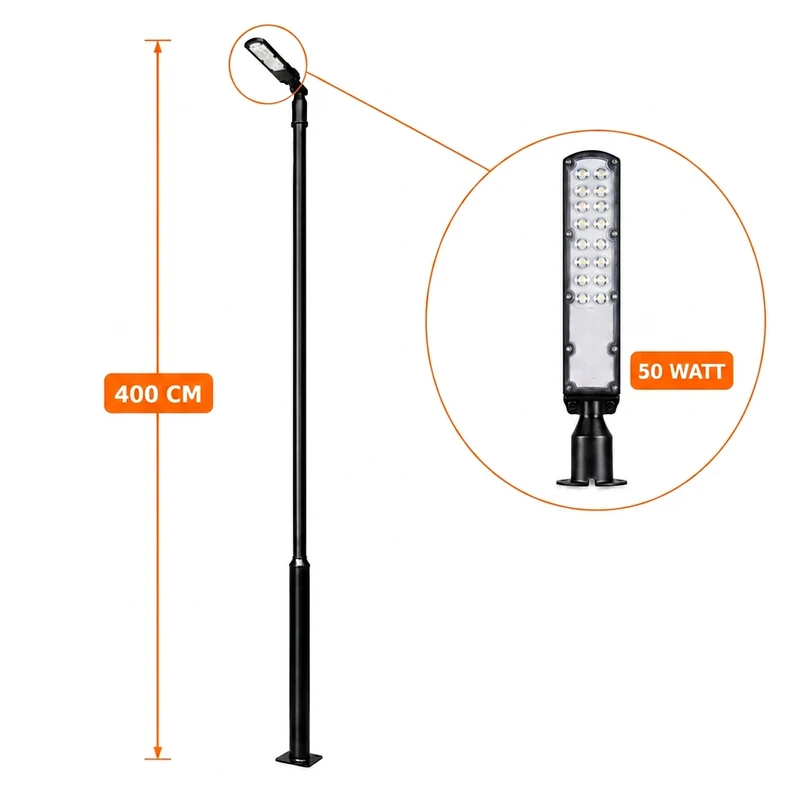 Lichtmast inkl. Straßenlaterne | 400 cm | 50 Watt | 5000 K | Schwarz