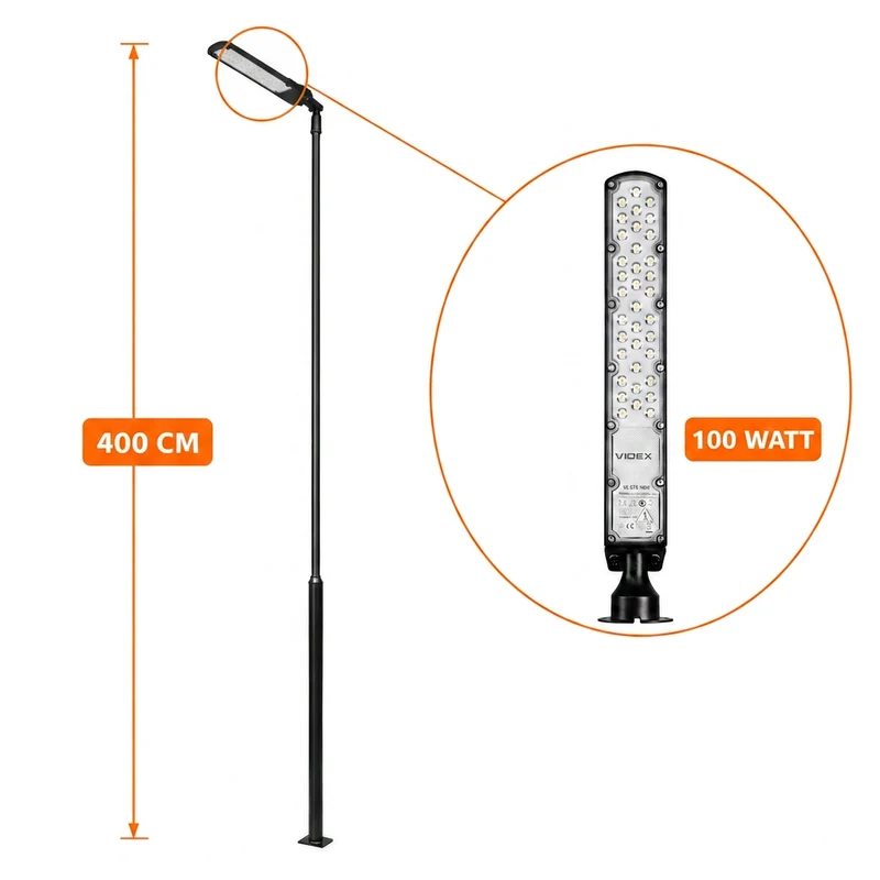 Lichtmast inkl. Straßenlaterne | 400 cm | 100 Watt | 5000 K | Schwarz