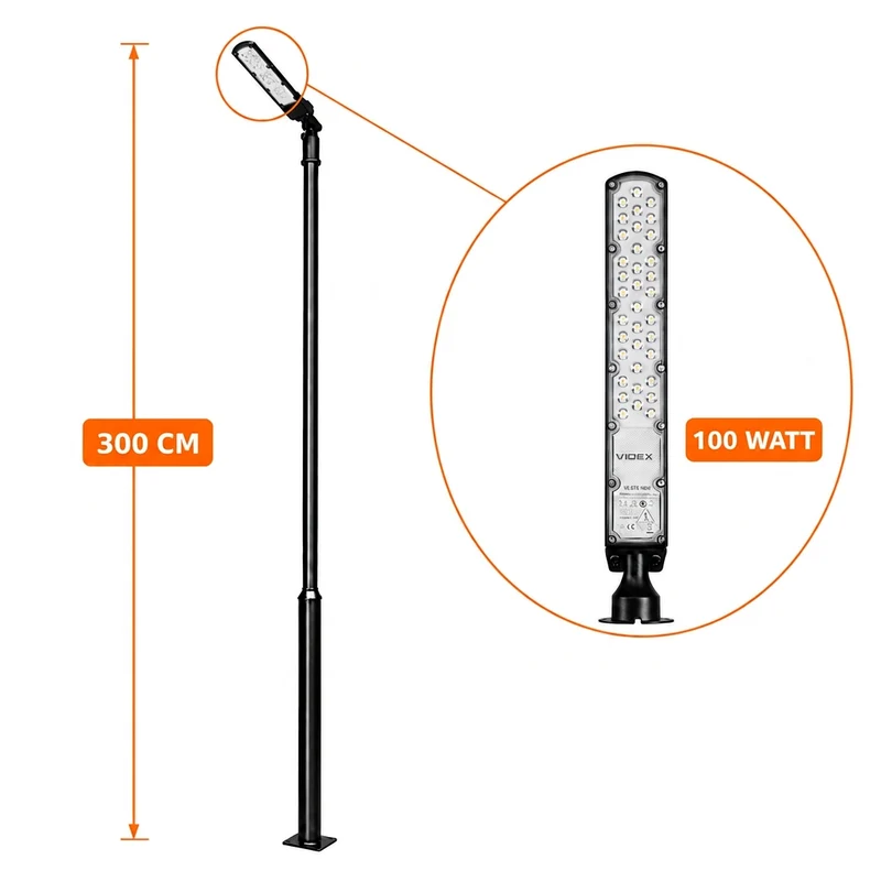 Lichtmast inkl. Straßenlampe | 300 cm | 100 Watt | 5000 K | Schwarz