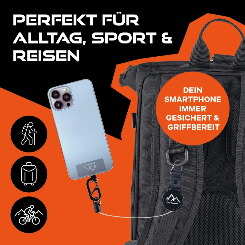 Handy Sicherung mit Stahlseil & Karabiner, 80 cm Anti-Drop Kabel