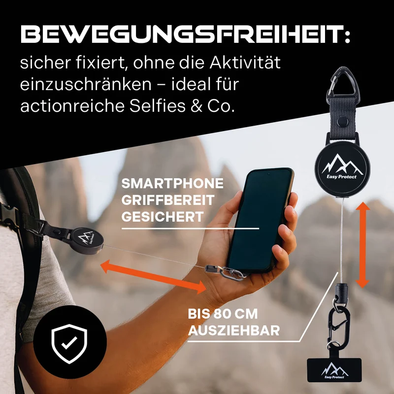 Handy Sicherung mit Stahlseil & Karabiner, 80 cm Anti-Drop Kabel