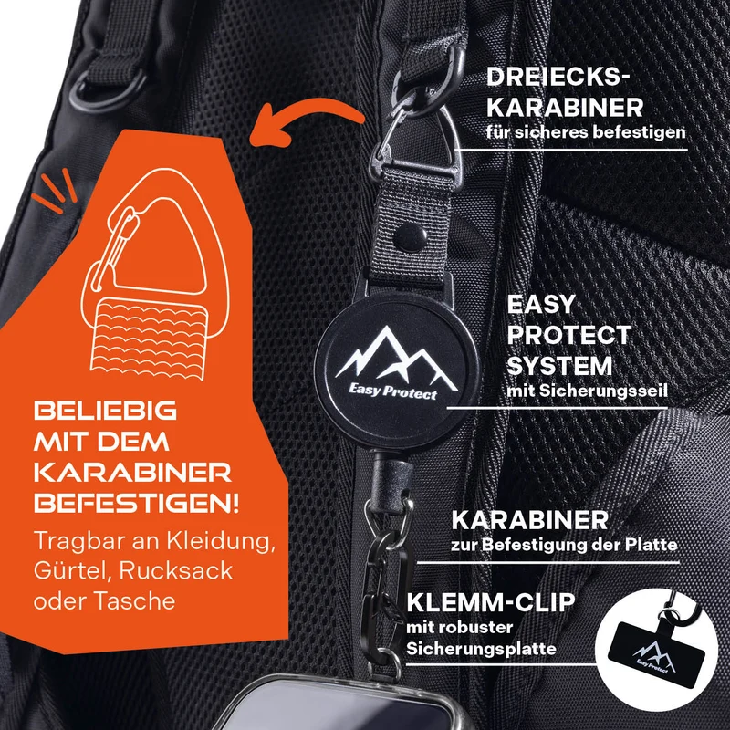 Handy Sicherung mit Stahlseil & Karabiner, 80 cm Anti-Drop Kabel