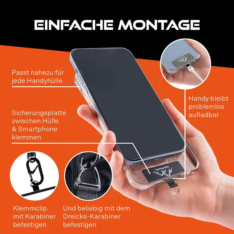 Handy Sicherung mit Stahlseil & Karabiner, 80 cm Anti-Drop Kabel