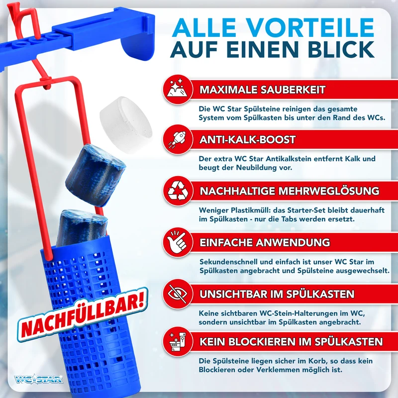 WC-Star Spülkasten-Hygiene-Set (1x Spülkasten-Einhänger + 2x Spülkasten-Tab + 1x Antikalk-Tab)