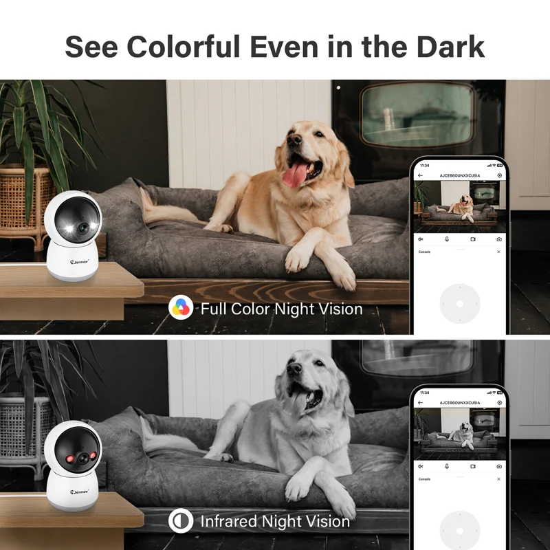 Jennov WIFI Indoor Camera, 2K, 2-Way Audio, Color Night Vision, Auto-tracking, 2.4Ghz