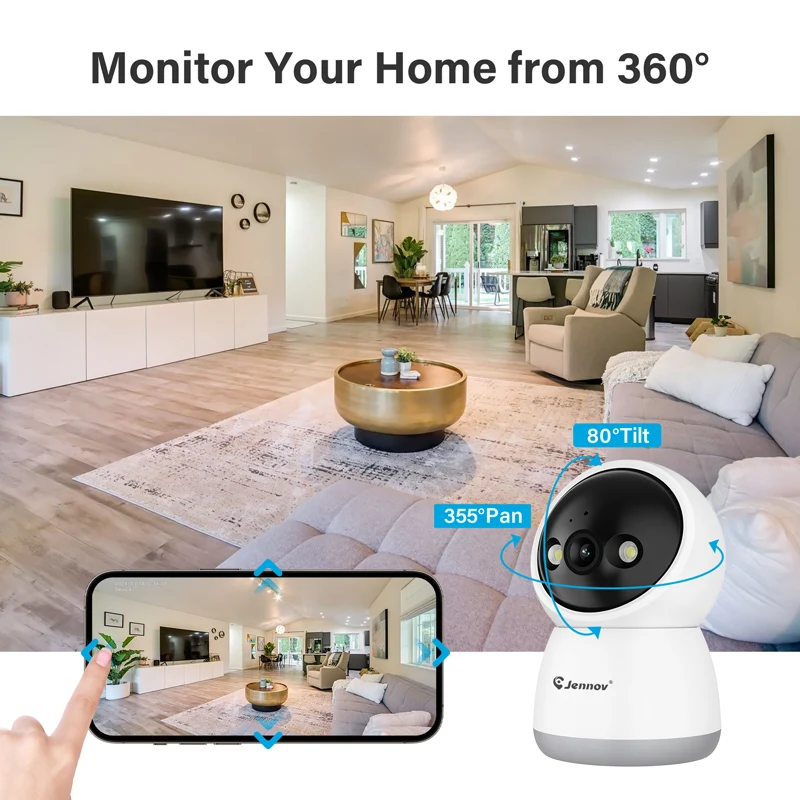 Jennov WIFI Indoor Camera, 2K, 2-Way Audio, Color Night Vision, Auto-tracking, 2.4Ghz