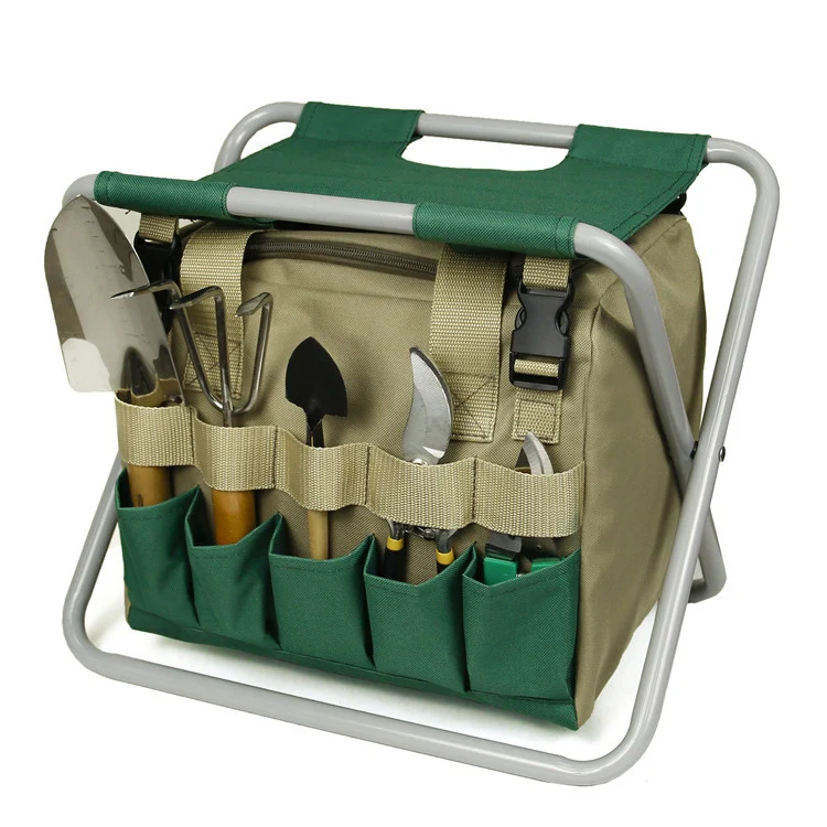 Faltbarer Gartenhocker mit Werkzeugtasche für komfortables Arbeiten im Freien