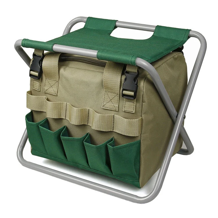 Faltbarer Gartenhocker mit Werkzeugtasche für komfortables Arbeiten im Freien