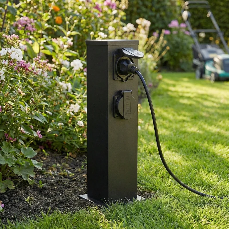 Outdoor-Steckdosenpfosten mit 4 schwarzen Steckdosen | 40cm | 230V