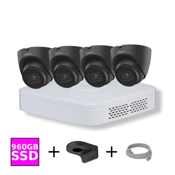 Dahua Camera Set met 4x 4MP Zwarte WizSense Camera's - 960GB SSD - 4-kanaals Recorder