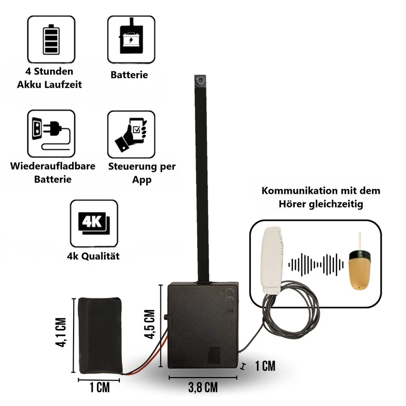 4k Wifi Mini Kamera Wlan IP Live Knopf Überwachungskamera + Spy Headset Spion Kopfhörer