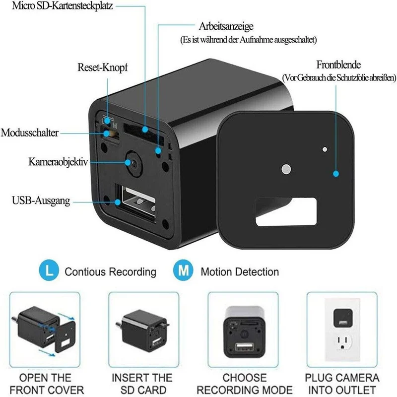 Usb Ladegerät mit versteckte Kamera Mini Spycam Spionage Video Ton Aufnahme mit Bewegungsmelder